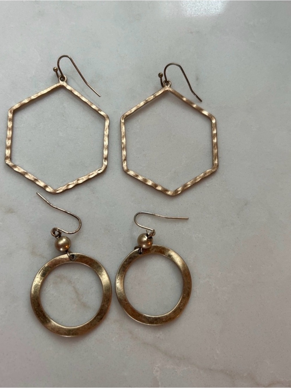 Gold Hexagon Drop Earrings - Minimal Hammered Design